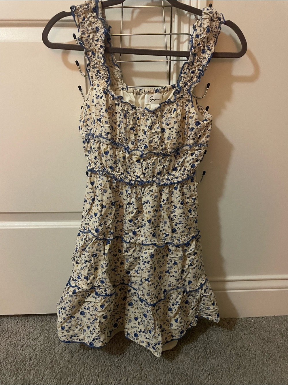 Babydoll white and blue floral tiered minidress by Japna